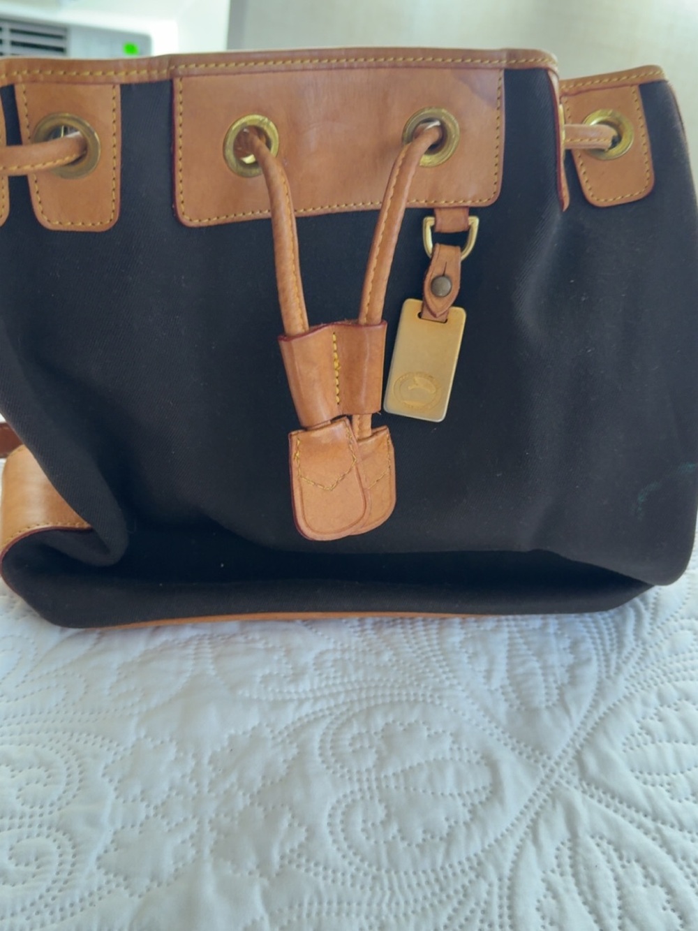 Dooney & Bourke Black Canvas Shoulder Bag with Tan Leather Trim